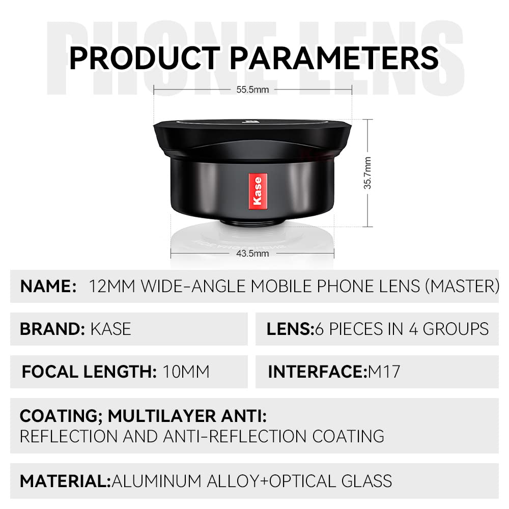 Kase 12mm 122° Wide Angle Lens for iPhone 7/8/11 Pro/XS/XR/12 Pro & Samsung - Universal Clip-on Phone Camera Lens for Architecture, Portraits, Live Streaming - Perfect for Travel Vlogging, Landscape Photography and Social Media Content Creation
