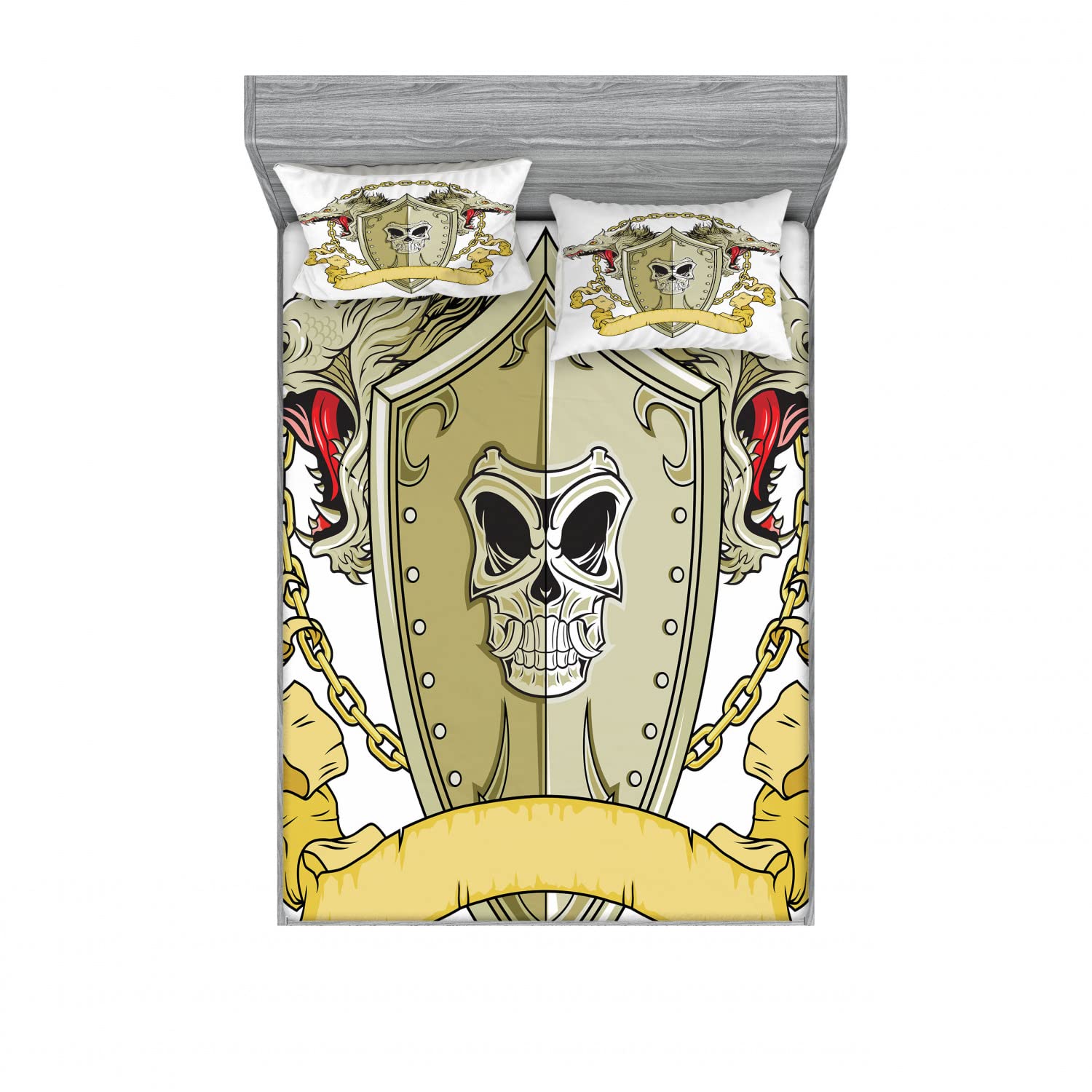 Ambesonne 2-Piece Full Size Fitted Sheet Set with 4 Pillow Shams - Yellow & White Medieval Dragon Shield Design - Soft Bedding Collection for Guest Rooms, Dorms & Themed Decor