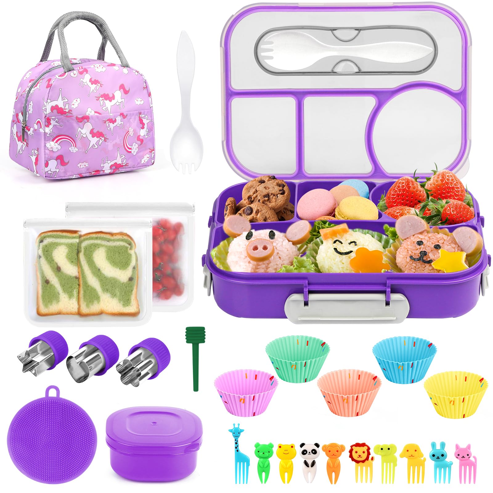 Eco-Friendly Bento Box Lunch Container for Kids & Adults - 4 Compartment Leak-Proof Meal Prep Box with Spoon, Fork & Carry Bag - Microwave, Dishwasher & Freezer Safe BPA-Free Lunch Box for School, Office & Picnics