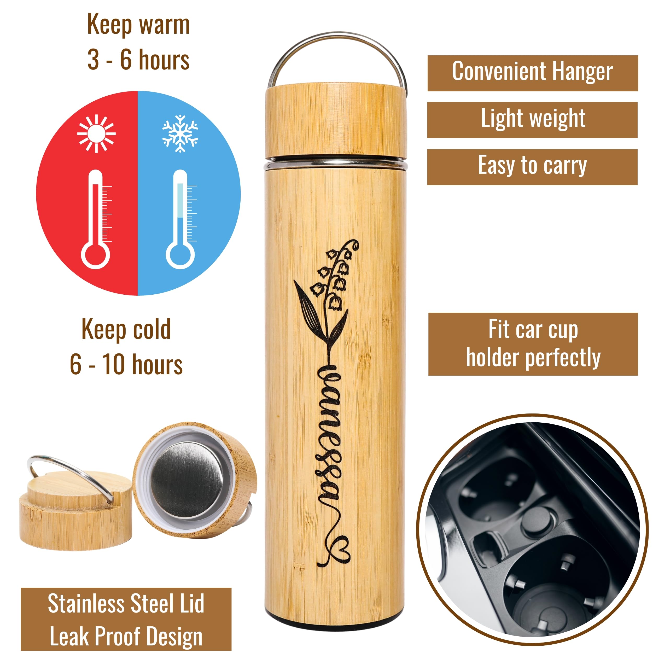 17oz Personalized Bamboo Tumbler with Tea Infuser - Insulated Stainless Steel Water Bottle | Eco-Friendly Tea Thermos for Women | Best Friend Birthday Gift, Christmas Present (Great for Office, Yoga & Travel)