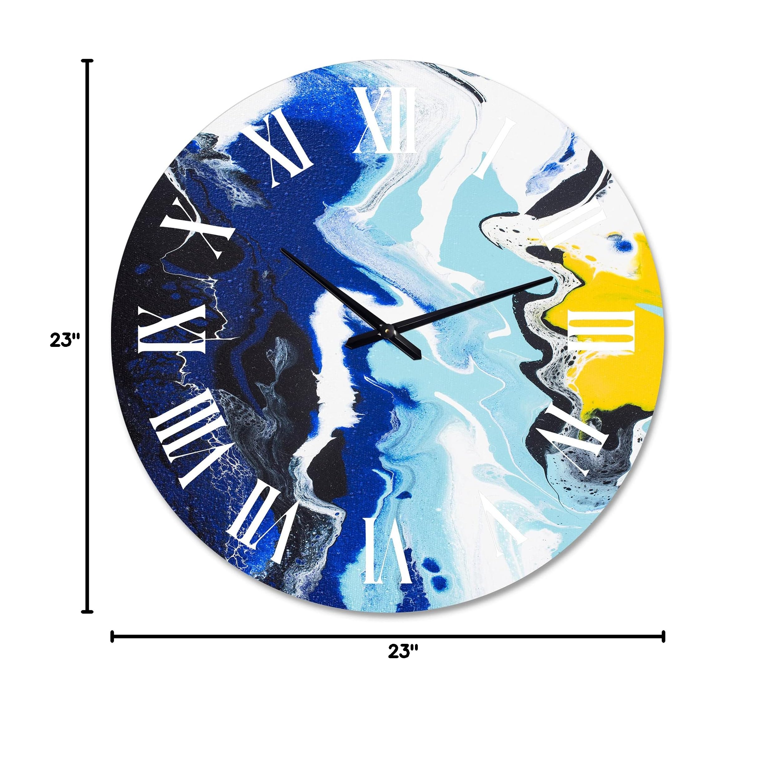 DesignQ Modern Abstract Yellow and Blue Waves Fractal Wall Clock - Large Decorative Clock for Bedroom, Living Room & Office - Perfect for Home & Office Décor