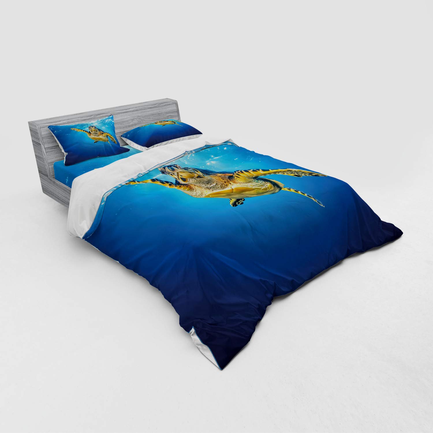 Ambesonne Turtle Duvet Cover Set - Hawksbill Sea Turtle Swimming in Blue Ocean with Sun Rays, 4-Piece Queen Size Bedding Set with Pillow Shams & Fitted Sheet, Blue Yellow Dark Brown - Perfect for Beach Themed Bedrooms & Coastal Home Decor