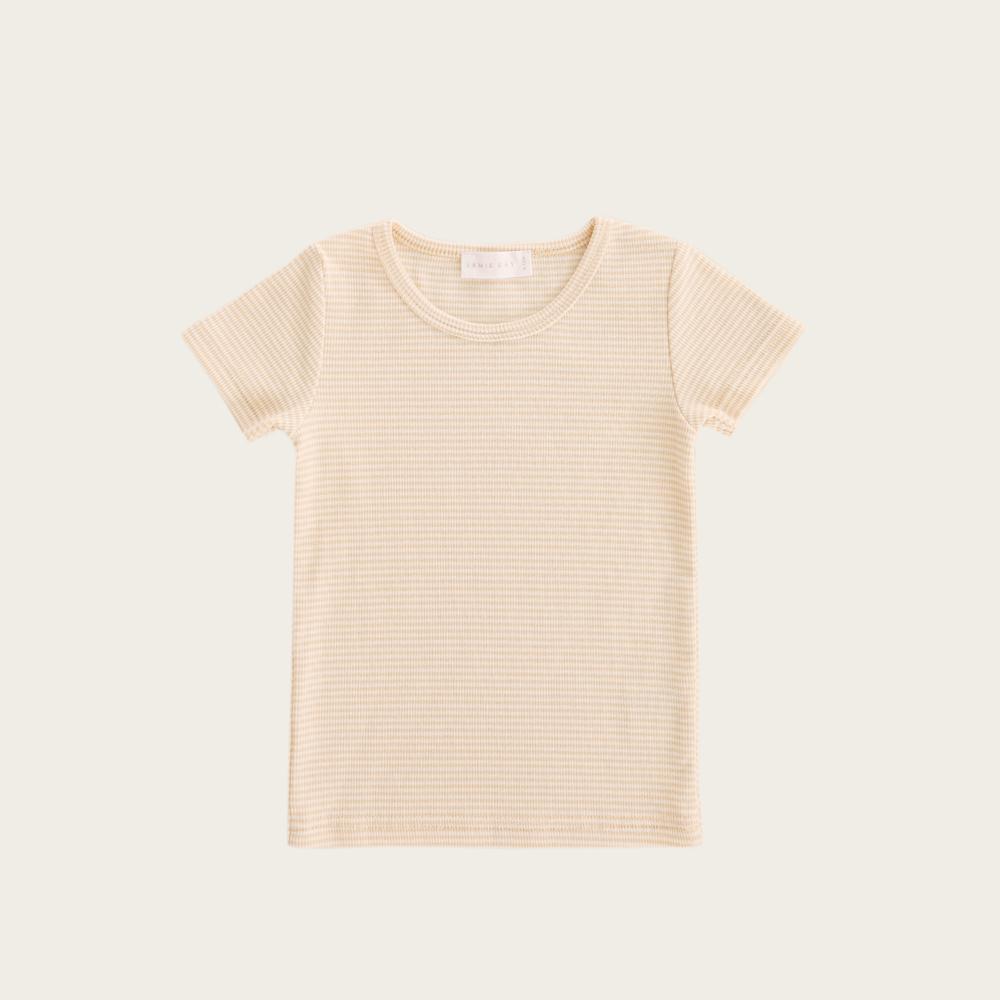 Tommy Hilfiger Ribbed Short Sleeve T-Shirt for Women - Honey Peach Striped Casual Top for Everyday Wear, Outfits & Layering