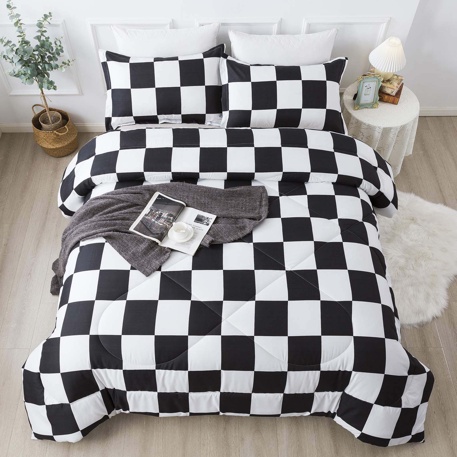 Andency Black White Plaid Comforter Set Full Size (79x90 Inches) - 3 Piece Geometric Checkerboard Bedding with 1 Comforter & 2 Pillowcases - Lightweight Microfiber for Cozy Bedroom Decor - Perfect for Teens, Dorms & Guest Rooms