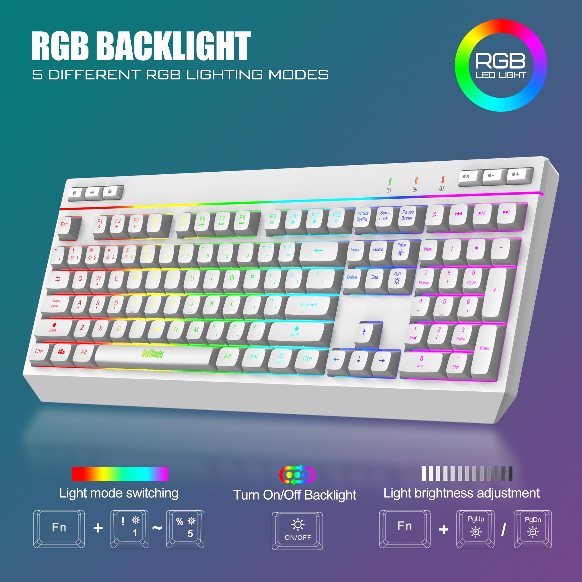 RedThunder K20 Wireless Keyboard and Mouse Combo - Full Size Anti-Ghosting Mechanical Keyboard with RGB Backlit, 7D 4800DPI Gaming Mouse, Rechargeable for PC Laptop Mac Xbox (White) | Perfect for Gaming, Office Work & Home Entertainment