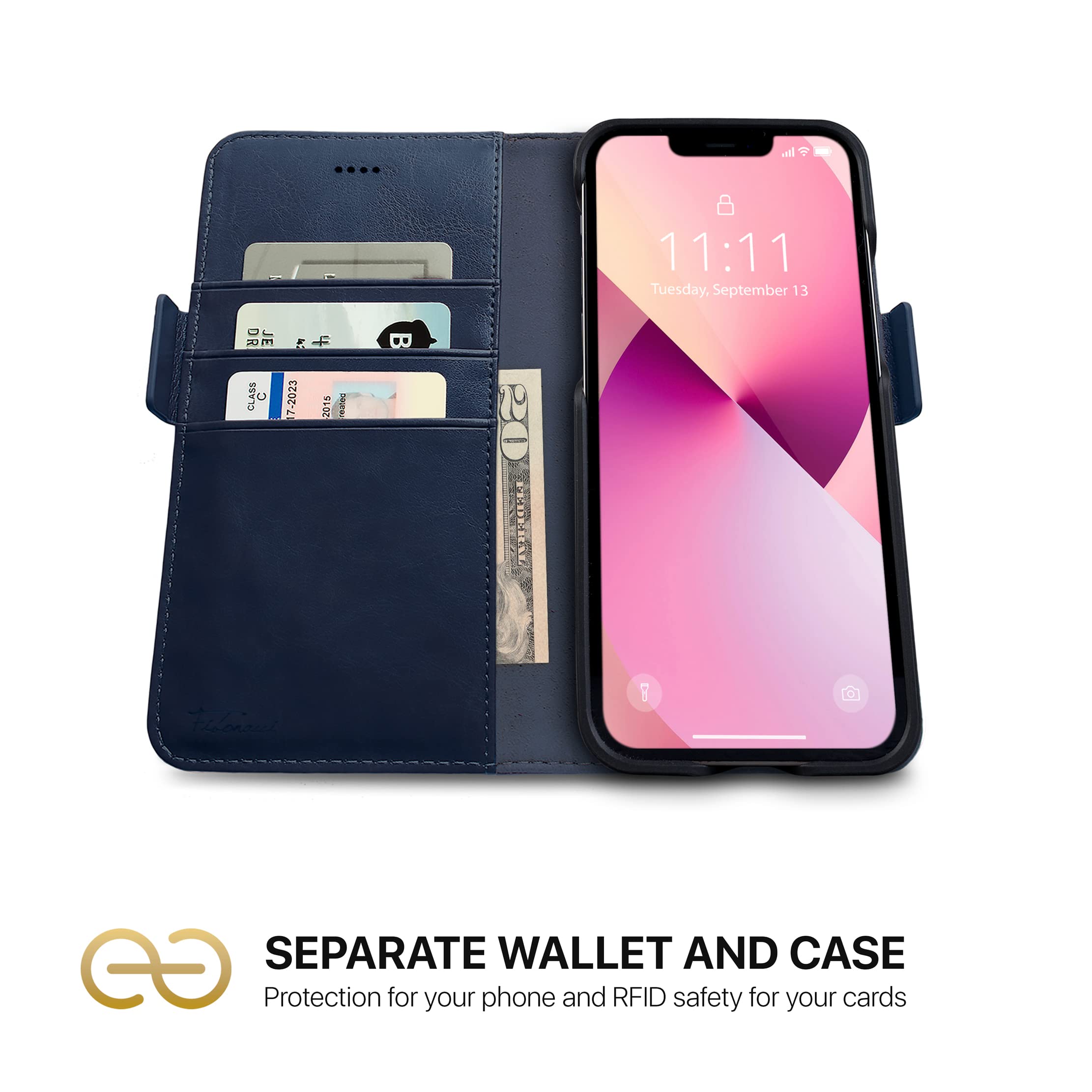 Dreem Fibonacci Vegan Leather Wallet Case for iPhone 13 - 2-in-1 Detachable Magnetic Cover with Kickstand, RFID Blocking Card Holder & MagSafe Compatibility (Royal Blue) | Perfect for Work, Travel & Everyday Protection