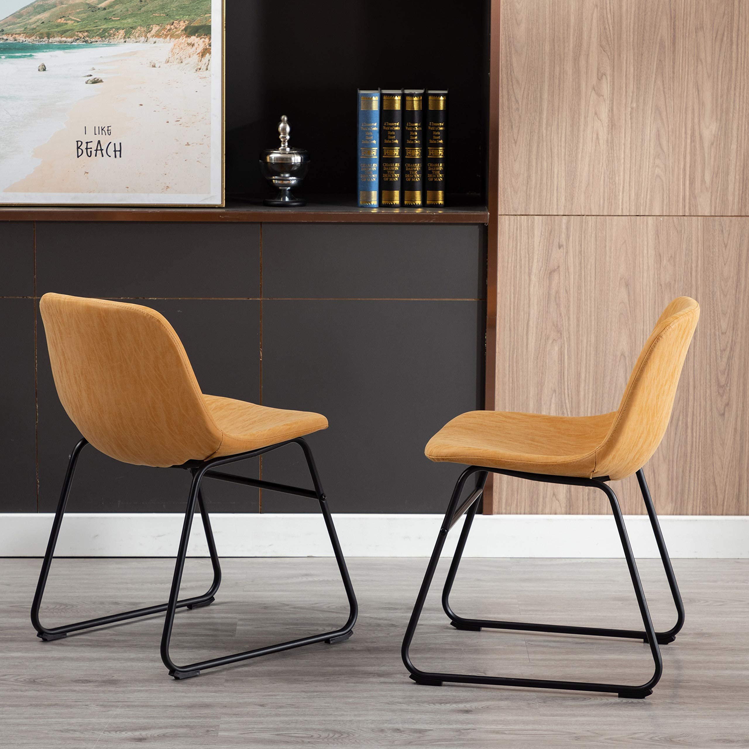 Vanity Art PU Leather Dining Chairs Set of 2 - Modern Armless Kitchen & Dining Room Chairs with Metal Legs in Yellow Tan (UC-13T) - Perfect for Small Spaces, Breakfast Nooks & Contemporary Dining Areas