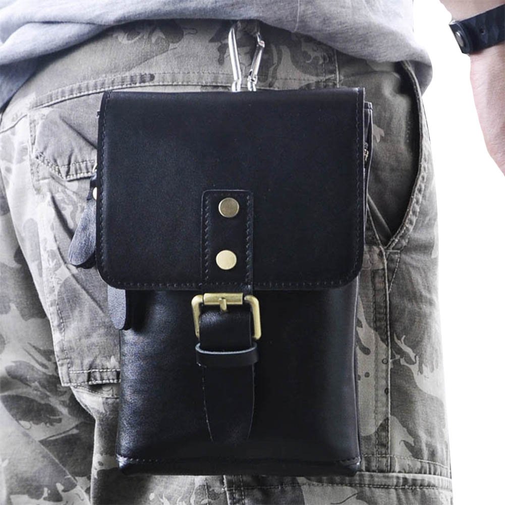 Genuine Leather Men's Waist Pack Bag - Small Satchel Crossbody Bag for Travel, Hiking & Everyday Use (Black)