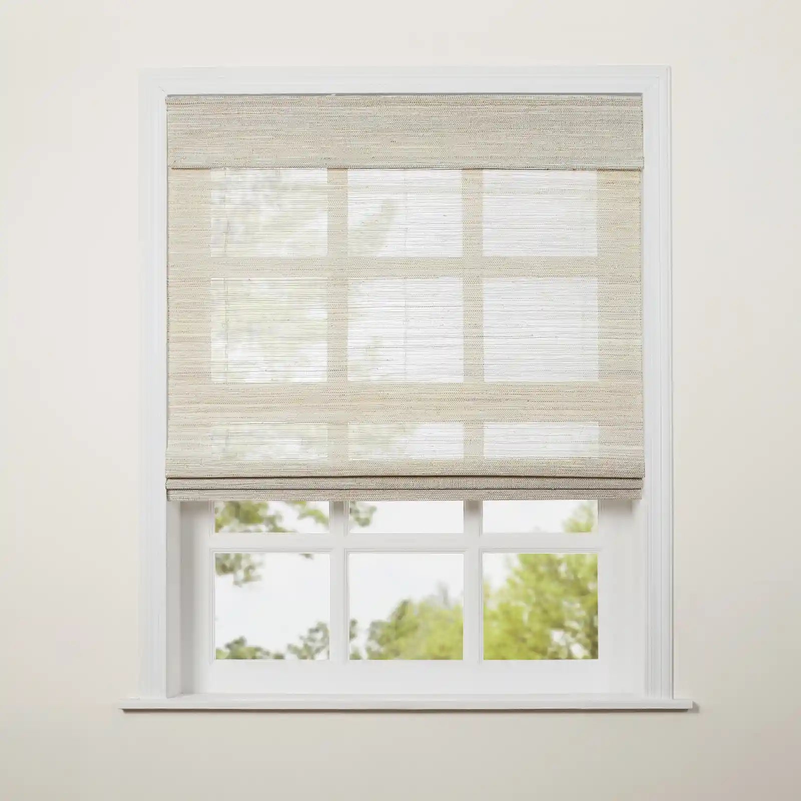 Natural Ramie Cordless Top Down Bottom Up Woven Wood Shade - White Wall Window Treatment for Living Room & Bedroom Privacy