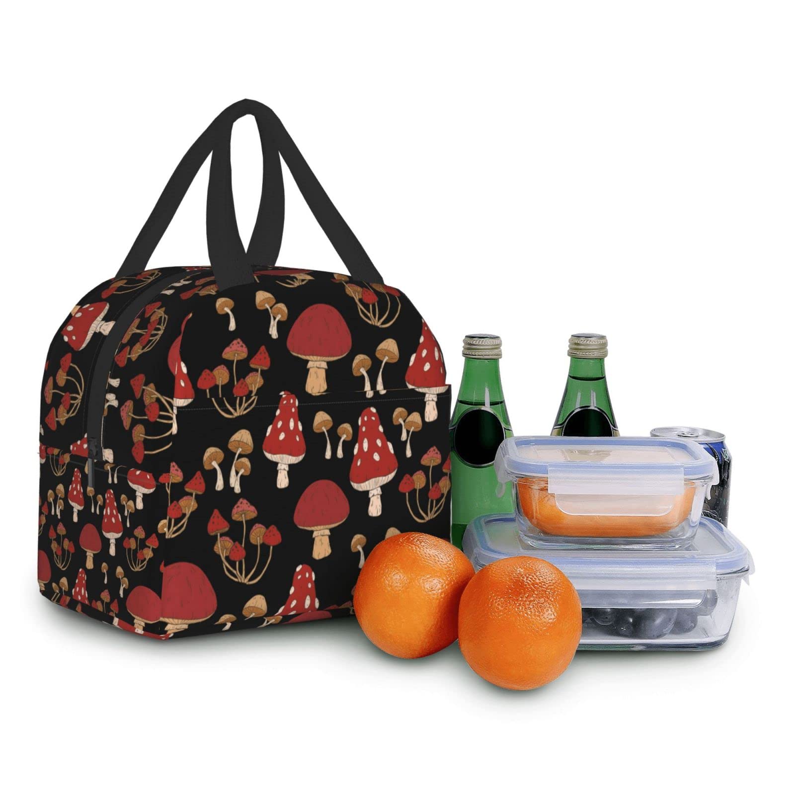 Insulated Lunch Box with Red Mushrooms Print - Reusable & Portable Meal Container for Men & Women - Perfect for Work, Travel, Picnic & Outdoor Activities