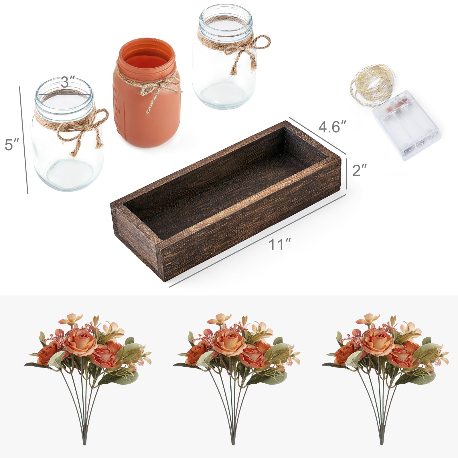 Mkono Mason Jar Lights - 3 Pack Farmhouse Table Decor with Flowers, Orange Glass Centerpiece for Dining Room, Kitchen, Living Room | Perfect for Spring Decor, Wedding, Party, and Rustic Home Decorations