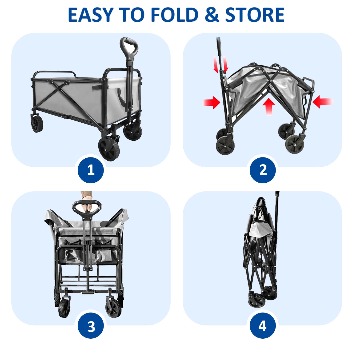 Heavy Duty Collapsible Folding Wagon Cart - Portable Utility Cart with Large Capacity for Beach, Camping, Grocery Shopping, Fishing & Outdoor Activities - Perfect for Picnics, Sports Events & Garden Use (Gray)