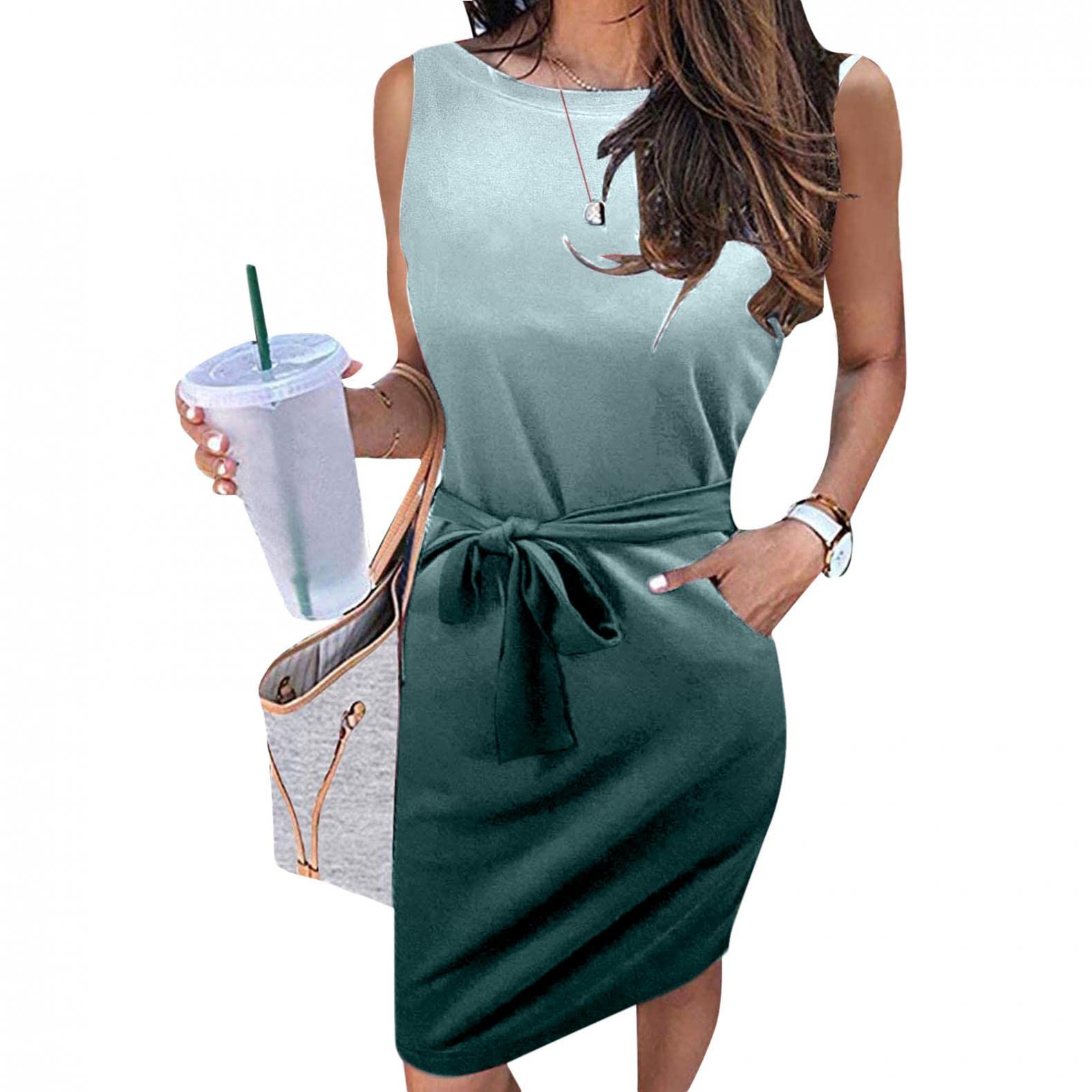 AIHOU Women's Tie Waist Short Sleeve Crewneck Office Dress - Summer Casual Sundress with Pockets for Work, Beach & Everyday Wear
