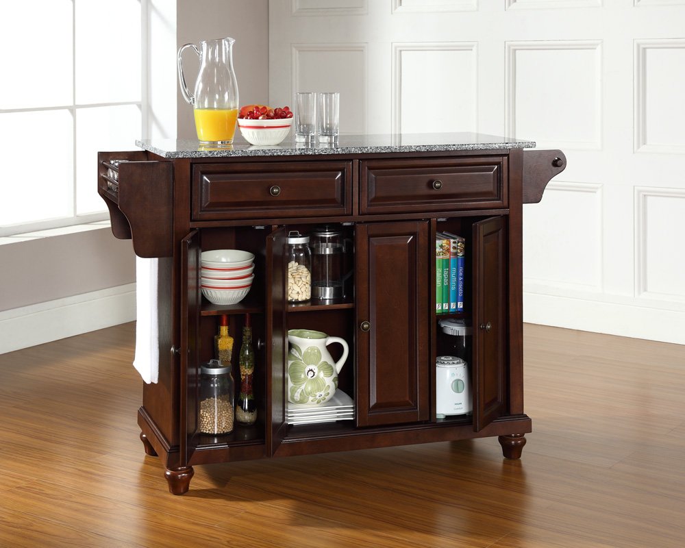 Crosley Cambridge Granite Top Rolling Kitchen Island Cart with Storage - Microwave Stand & Spice Rack - Mahogany Finish for Modern Kitchens & Small Spaces