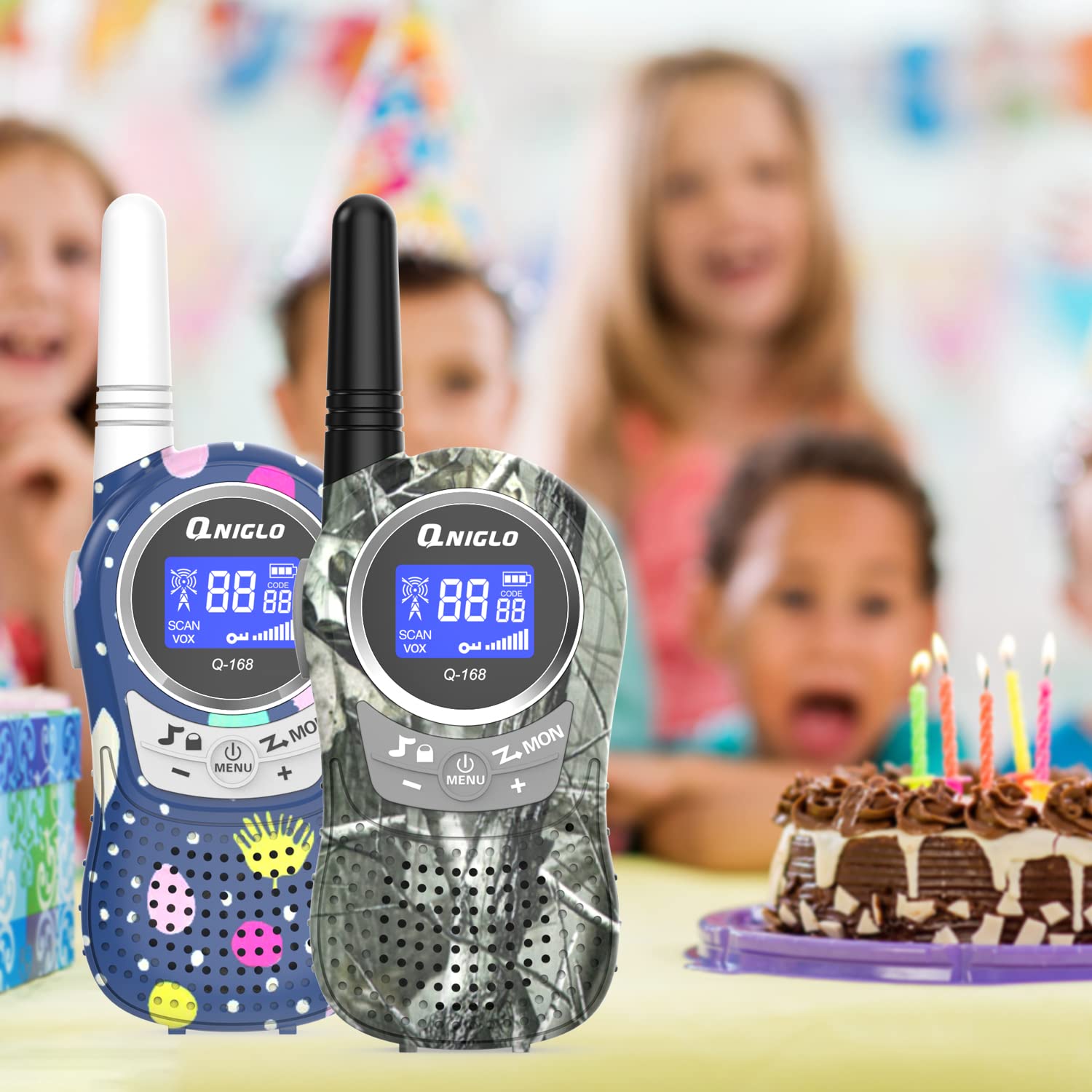 QNIGLO Rechargeable Kids Walkie Talkies - Camo Walkie Talkies for Boys & Girls Ages 3-12, Long Range Outdoor Adventure Toys for Camping, Hiking, Spy Games & Police Role Play | Perfect Birthday Gift for Kids