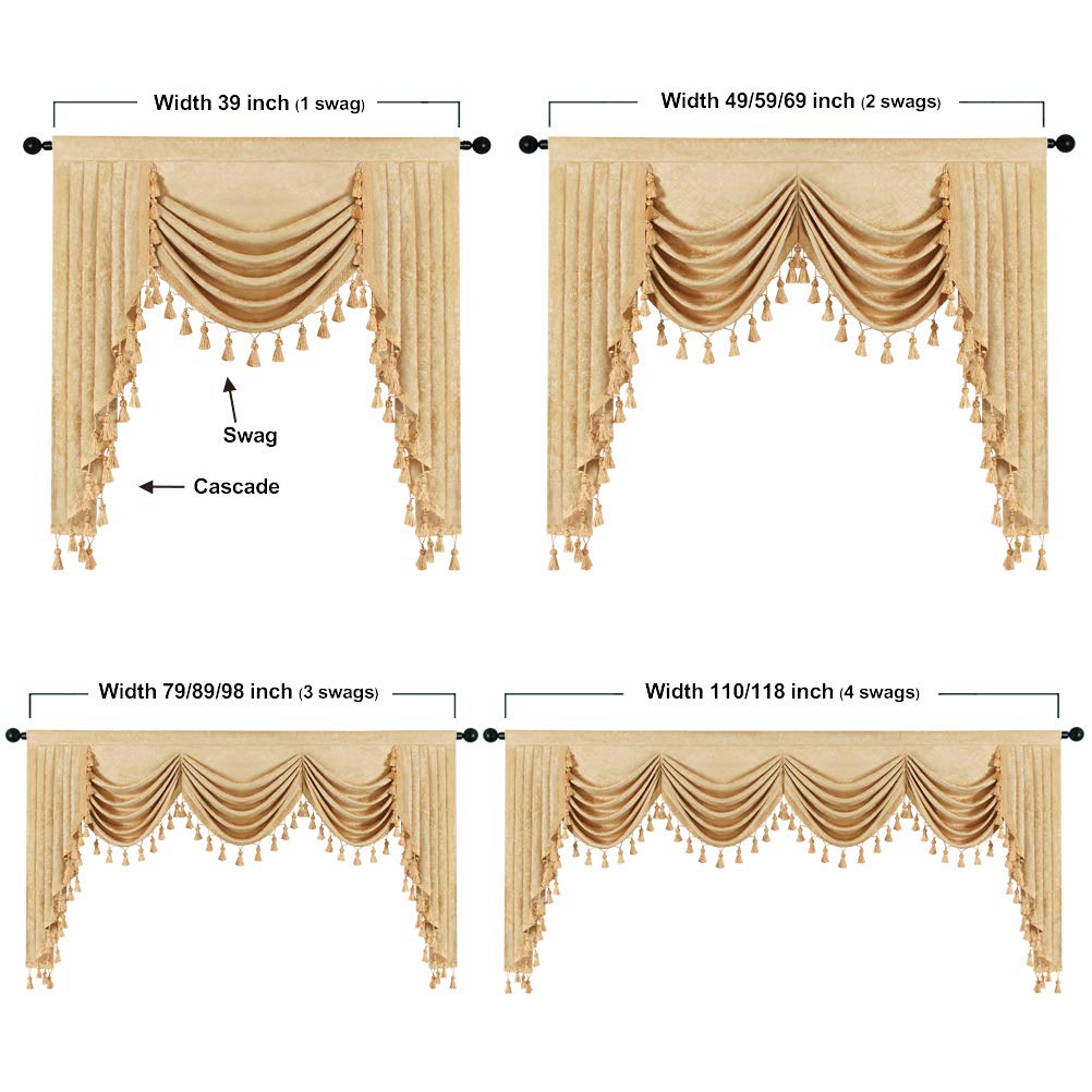 ELKCA Thick Chenille Window Curtains & Valance - Gold Waterfall Design for Living Room & Bedroom - Rod Pocket, 1 Panel (W118) - Perfect for Home Decor, Cozy Ambiance & Light Control