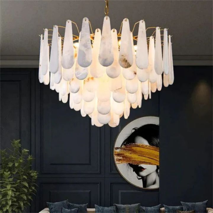 Elegant Alabaster Feather Chandelier - Modern Crystal Ceiling Light Fixture for Dining Room, Bedroom, and Living Room Decor