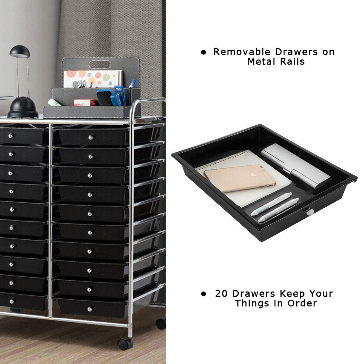 Black 20-Drawer Rolling Cart Storage Organizer for Scrapbook Paper & Studio Supplies - Lightweight, Easy to Move with Spacious Storage - Perfect for Home Office, Garage, School & Craft Room Organization