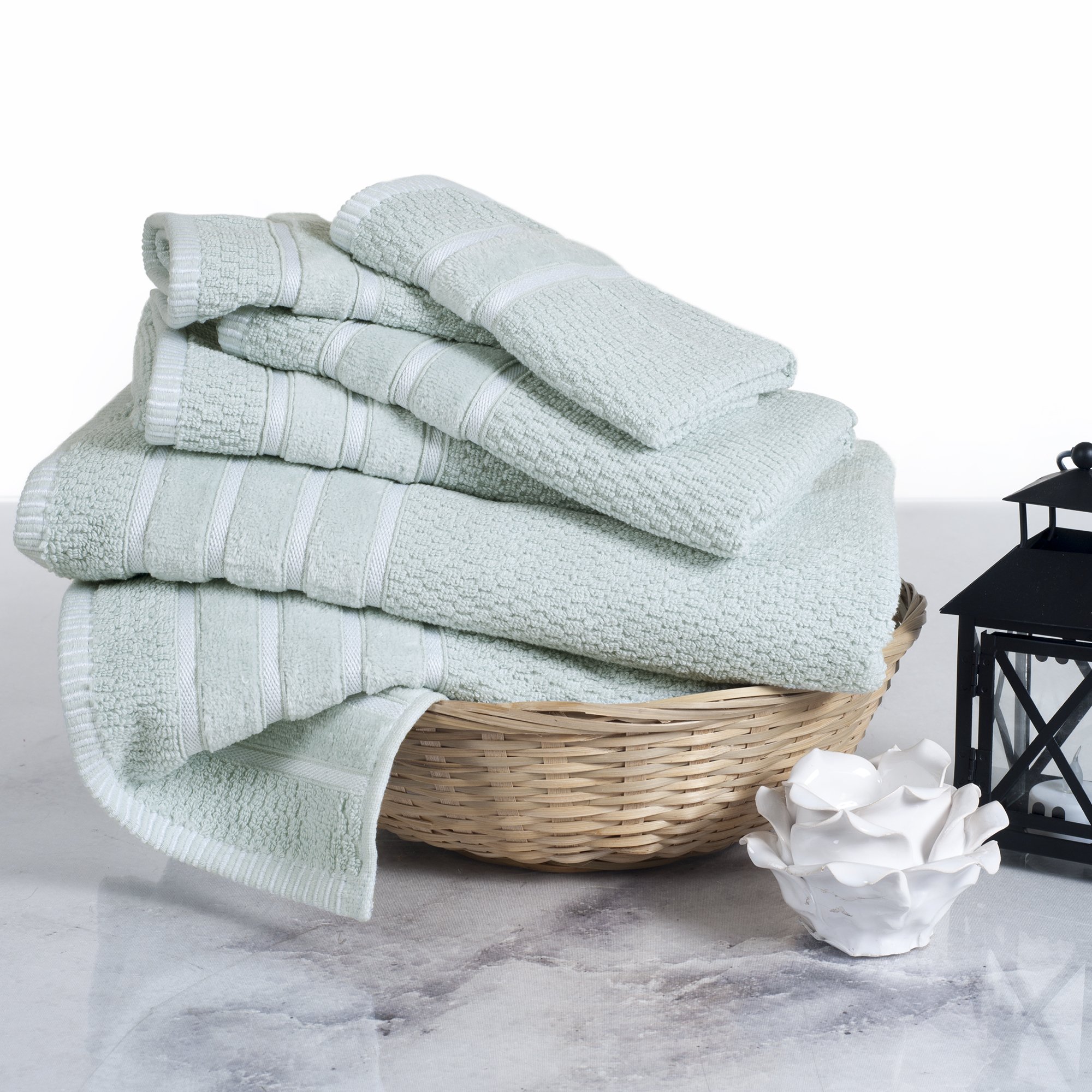 Premium 100% Egyptian Cotton Towel Set - 6 Piece Luxury Bath Set (2 Bath Towels, 2 Hand Towels, 2 Washcloths) - Soft Rice Weave Design in Seafoam - Perfect for Spa, Hotel & Home Bathroom Decor