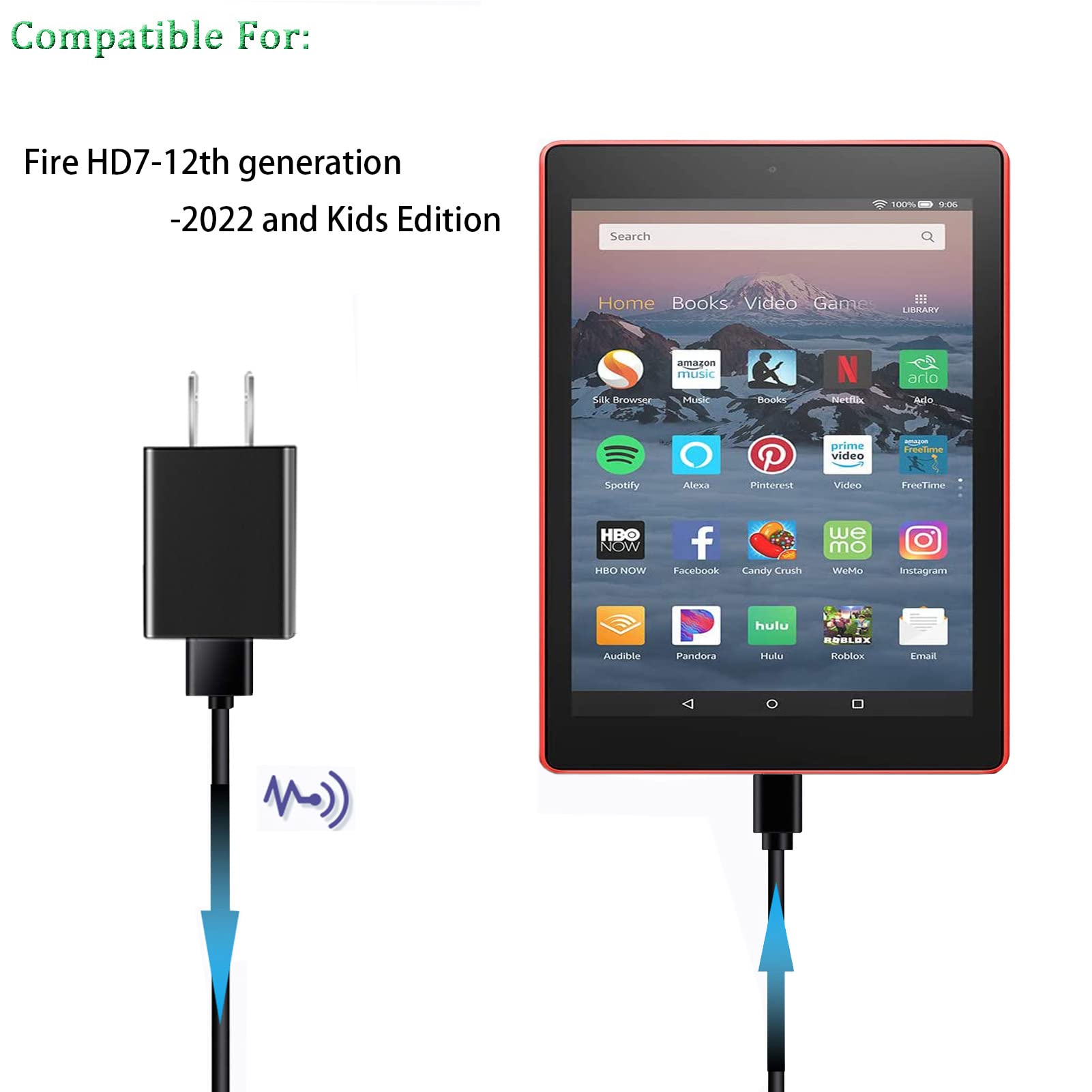 Premium HD7 Tablet Charger Adapter with 5FT USB-C Cable - Compatible with Amazon Fire HD7 & Kids Edition (12th Gen, 2022 Model) - Fast Charging for Home, Office & Travel Use