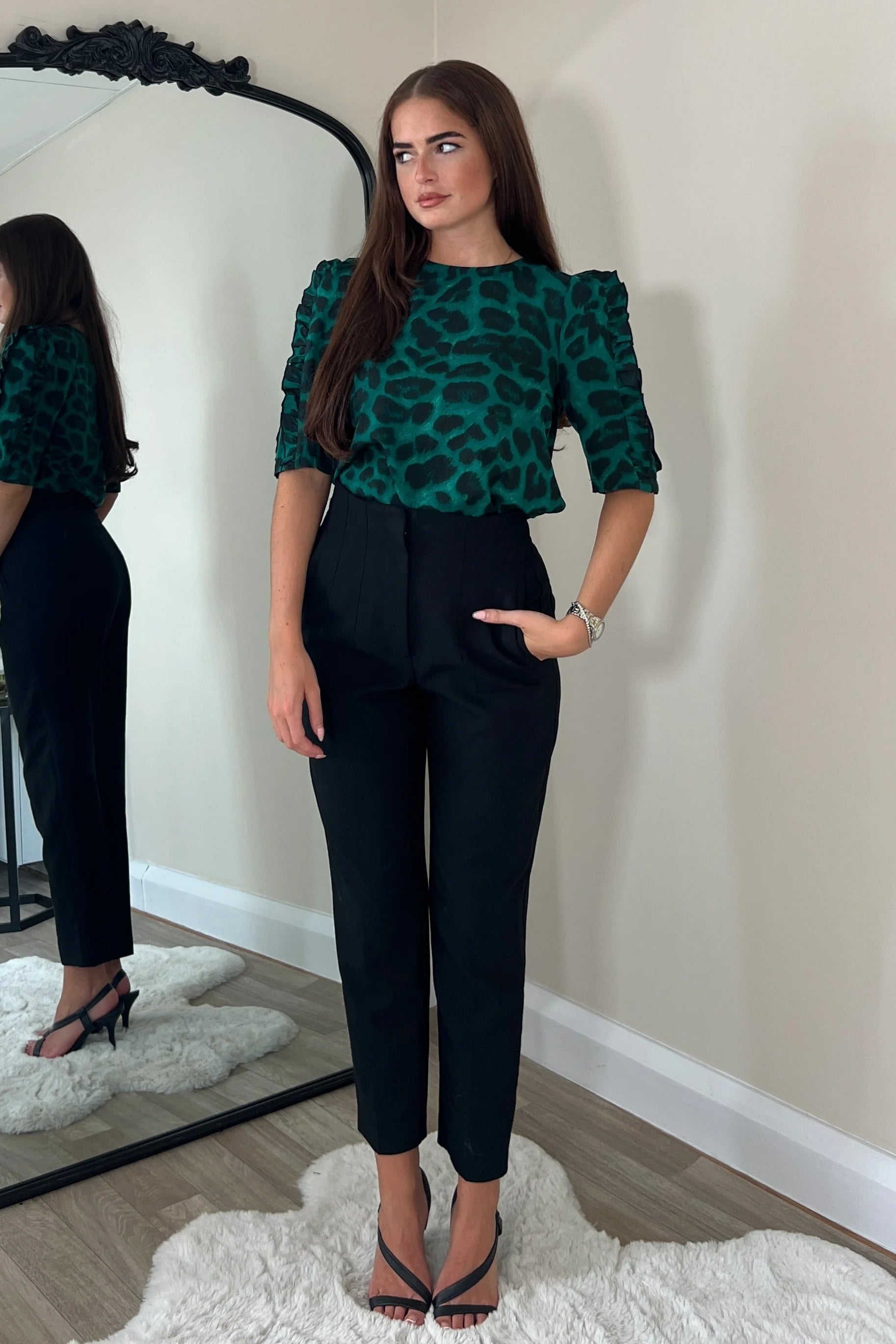 Asher Animal Print Frill Sleeve Blouse - Green Women's Fashion Top for Casual Wear & Party Outfits