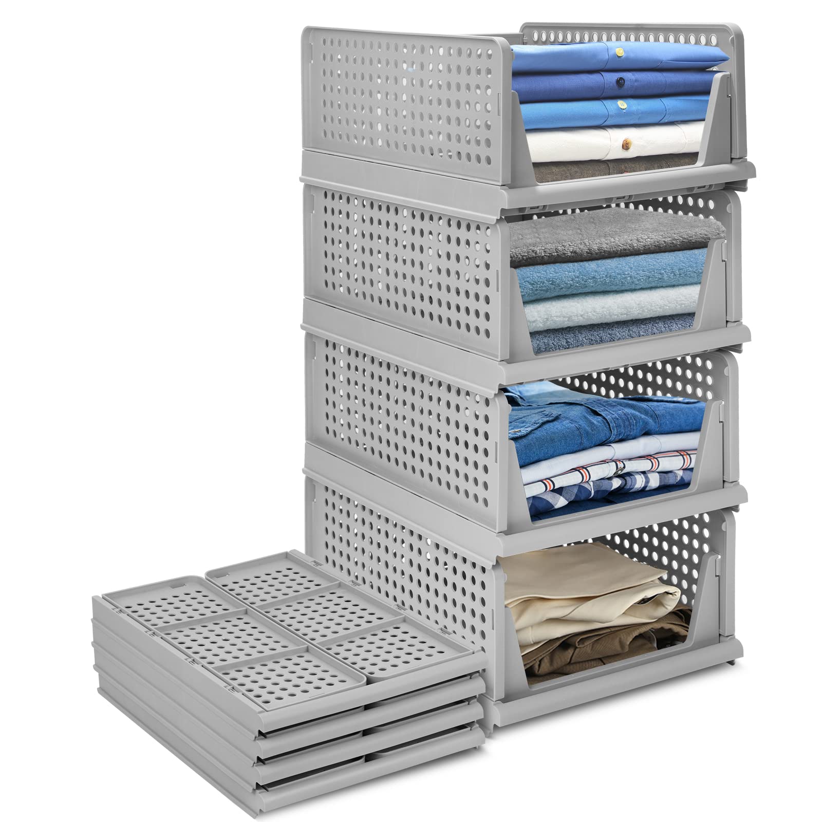 4-Pack Folding Wardrobe Storage Boxes - Plastic Drawer Organizers with Dividers, Stackable Shelf Baskets for Clothes & Toys - Space Saving Closet & Laundry Organization for Bedroom, Office & Home Storage Solutions
