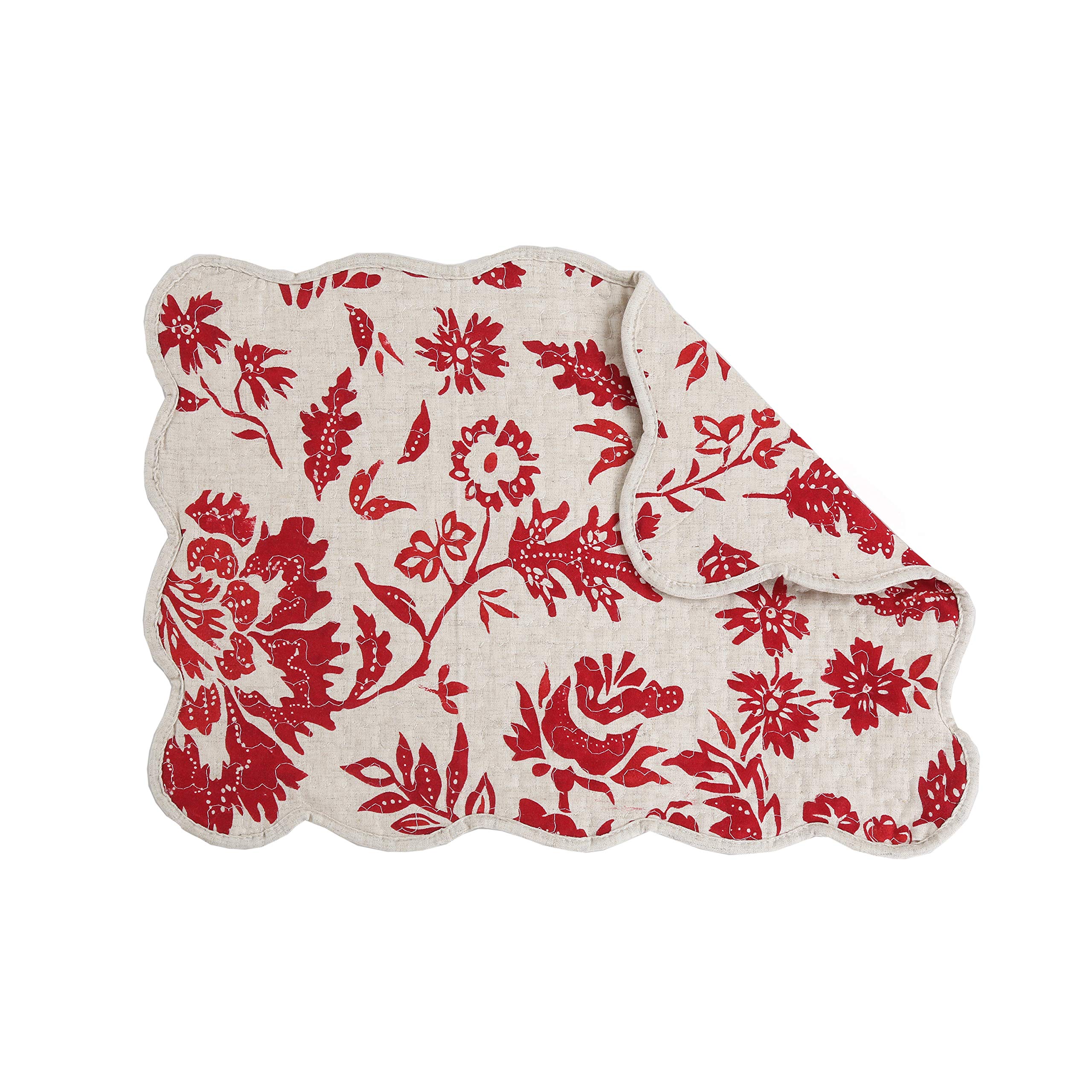Quilted Linen Cotton Placemats Set of 4 - Cozy Line Home Fashions Red Floral Design for Dining Table Decor, Kitchen Table Setting & Holiday Dinner Parties