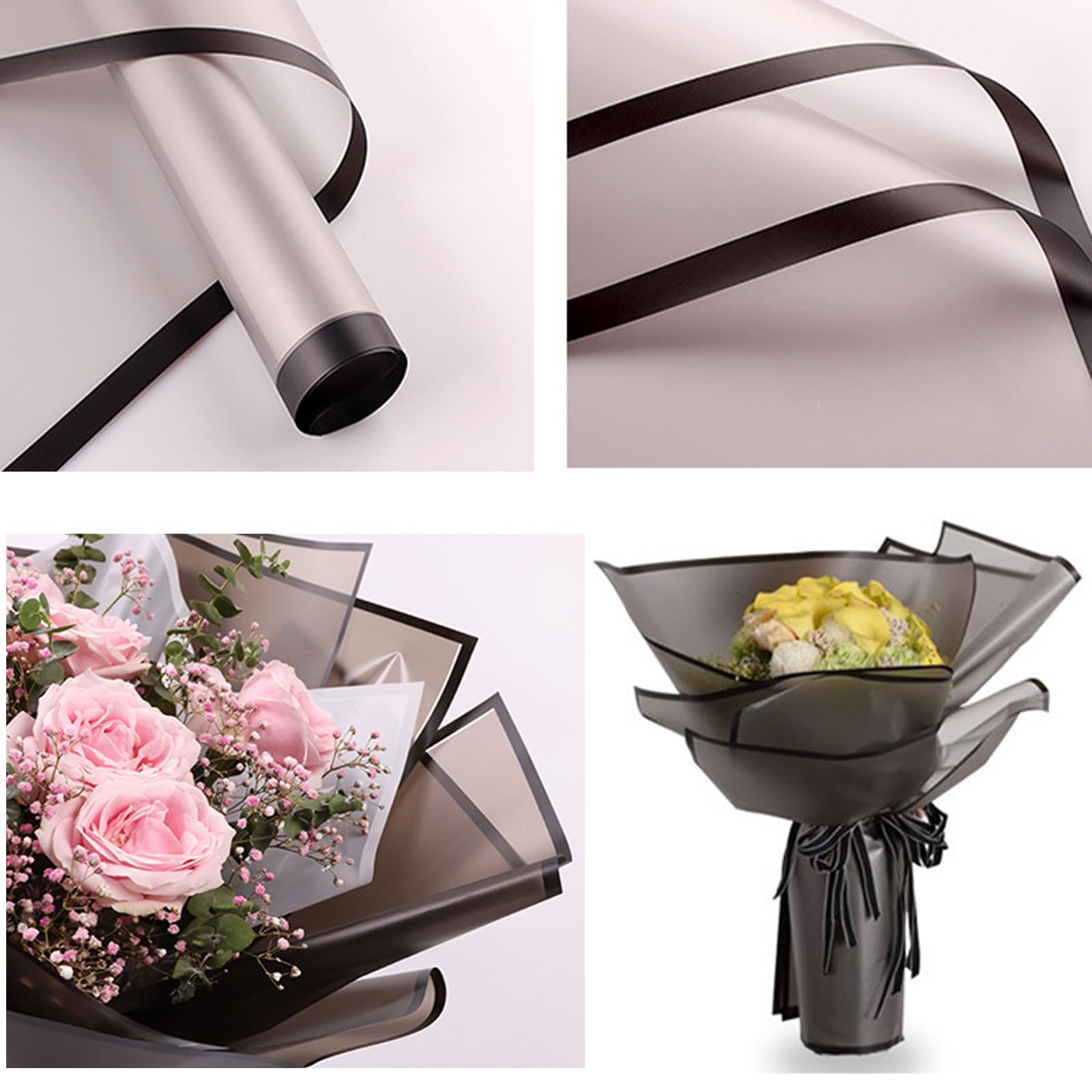 Tenare 36-Piece Waterproof Floral Wrapping Paper Set with 50-Yard Double-Sided Satin Ribbon - Frosted Bouquet Wrap for Mother's Day, Graduation, Wedding & Party Flower Arrangements (Black)