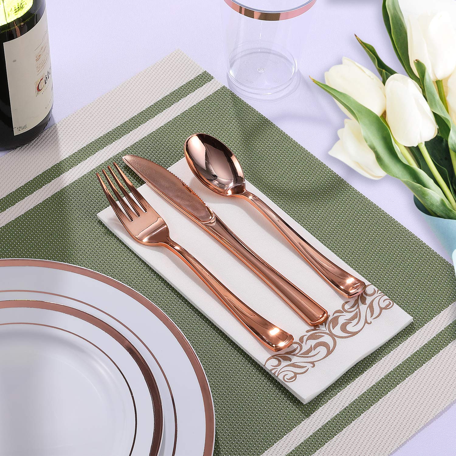 FOCUSLINE 350-Piece Rose Gold Dinnerware Set for 50 Guests - Heavy Duty Disposable Plastic Plates with White & Rose Gold Rim - Includes 50 Dinner Plates, 50 Dessert Plates, 50 Cups, 50 Napkins & 50-Piece Silverware Set - Perfect for Weddings, Parties, Catering & Special Events