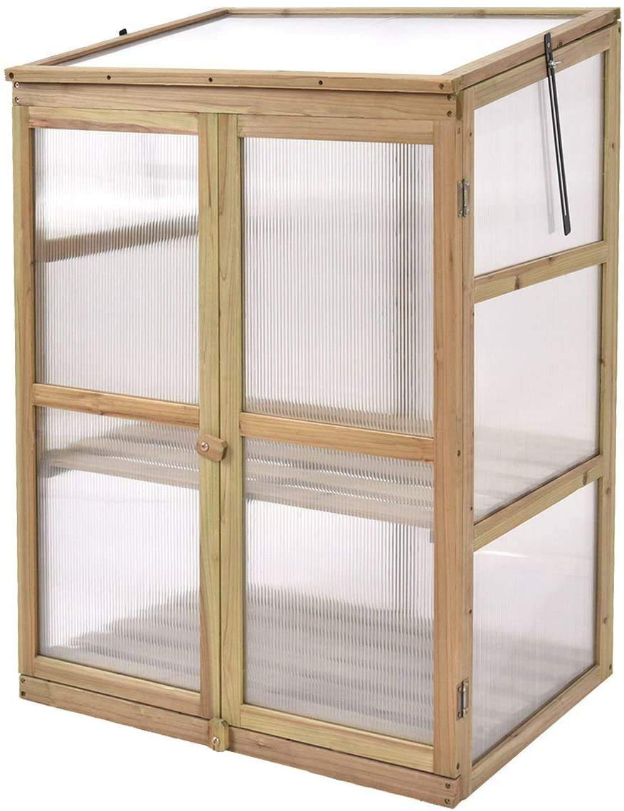 Premium Moccha Greenhouse Wooden Cold Frame - Portable Garden Flower Planter with Removable Shelf & Hinges - Foldable Top & Side Doors for Outdoor, Porch, Backyard, Balcony - Ideal for Seed Starting, Plant Protection & Year-Round Gardening