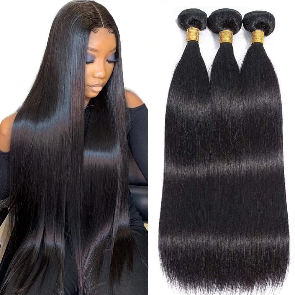 10A Brazilian Virgin Human Hair Bundles Straight 20 22 24 Inch - 100% Unprocessed Virgin Hair Weft Extensions - 3 Bundles Set for Sew-in, Clip-in, or Ponytail Hairstyles