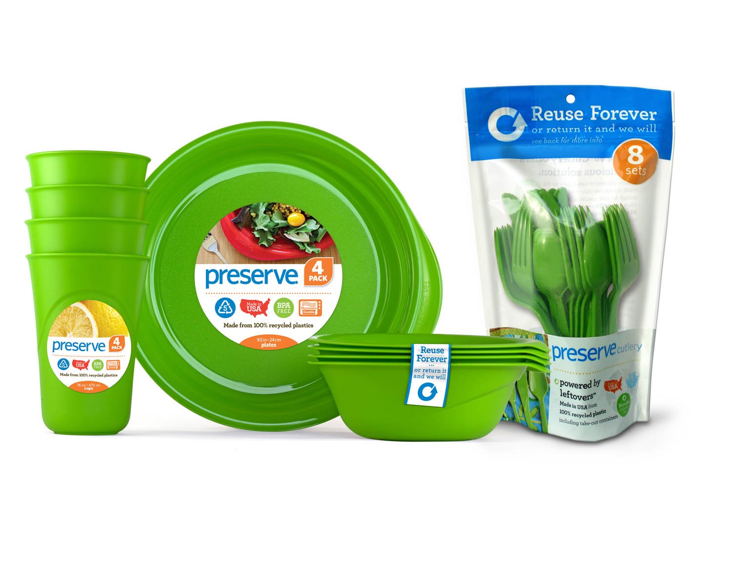 Eco-Friendly BPA-Free Reusable Tableware Set - 4 Plates, 4 Bowls, 4 Cups & 24 Cutlery Pieces Made from Recycled Plastic | Sustainable Dining for Home, Picnics & Outdoor Activities | Apple Green
