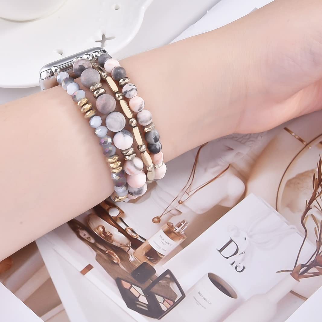 Boho Beaded Stretchy Apple Watch Band 42mm 44mm 45mm 46mm Compatible with Series 10/9/8/7/6/5/4/SE/3/2/1 - Handmade Crystal Beads Fashion Bracelet for Women | Perfect for Yoga, Workouts & Boho Style Outfits