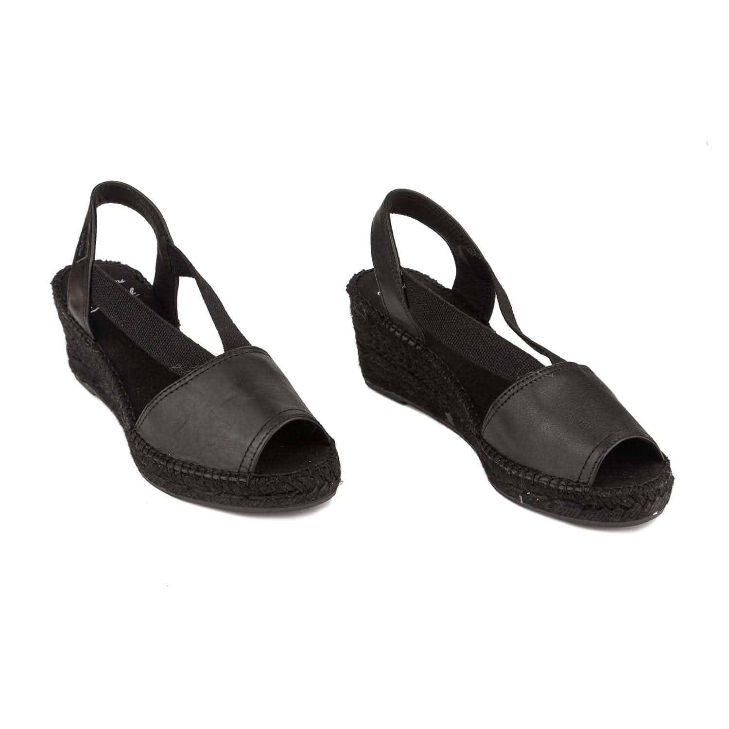Women's Black Leather Wedge Espadrilles - Comfortable Slip-On Shoes for Casual Outings & Summer Vacations | Teide PBK
