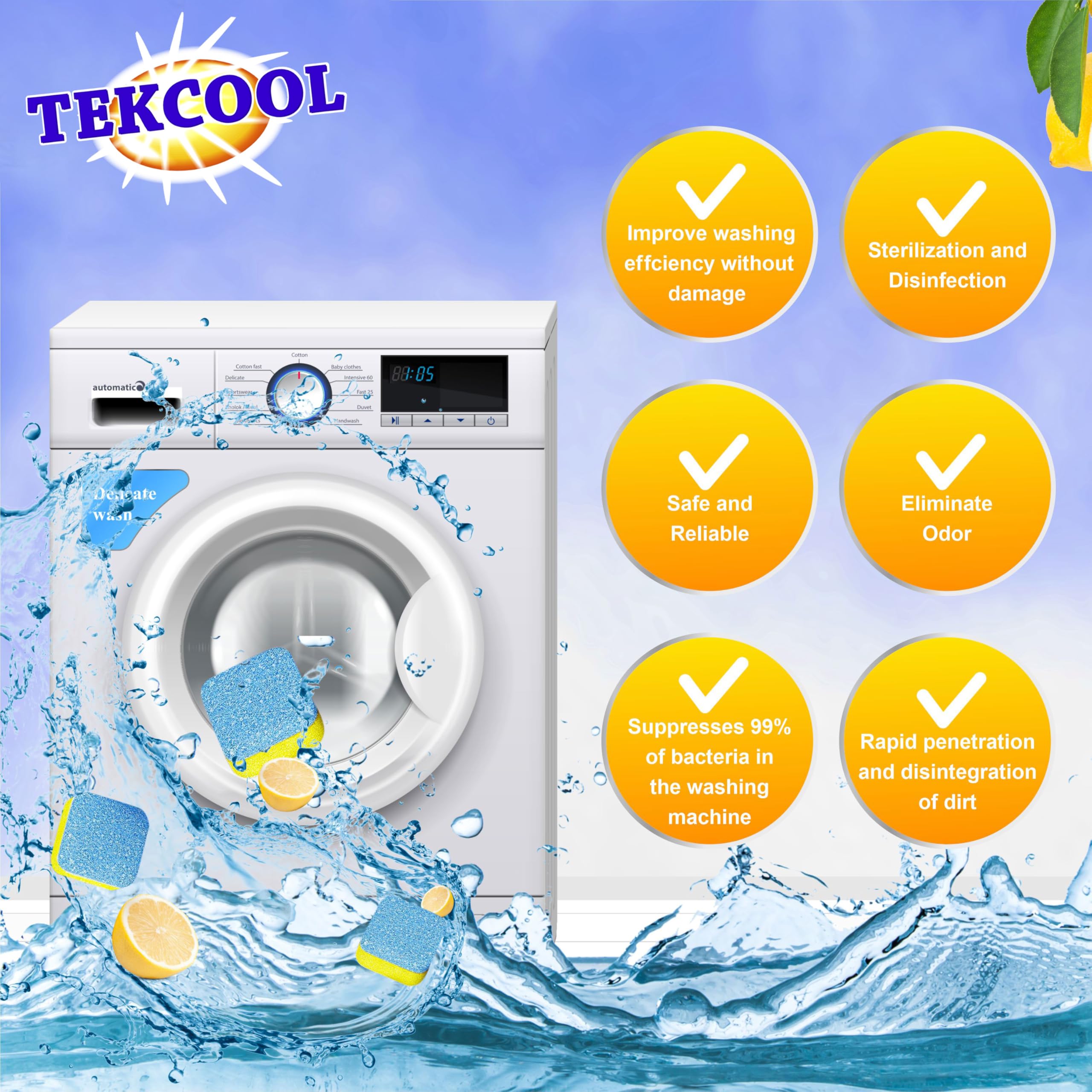 TEKCOOL Washing Machine Cleaner Tablets - 12 Pack Descaling Powder for Deep Cleaning Front & Top Load Washers | Lemon Scented | Removes Odor, Mold & Residue | Ideal for Laundry Maintenance & Appliance Care
