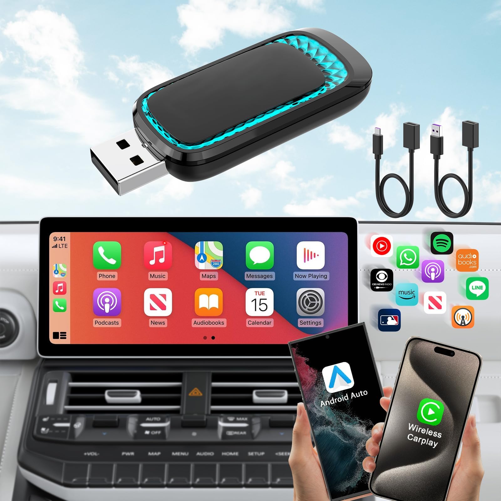 Wireless CarPlay & Android Auto Adapter for iPhone - 2-in-1 Auto Connect Dongle with Thermal Vent Design for Factory Wired Cars | Perfect for Commuting, Road Trips & Hands-Free Driving