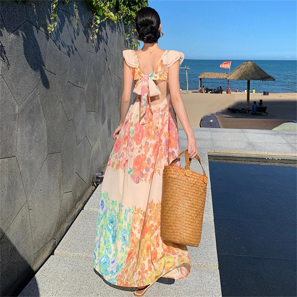 Aurelio Floral Summer Dress for Women - Boho Flowy V-Neck Midi Dress with Smocked Waist, Spring Fall Wedding Guest Dress | Perfect for Beach Vacations, Garden Parties & Special Occasions