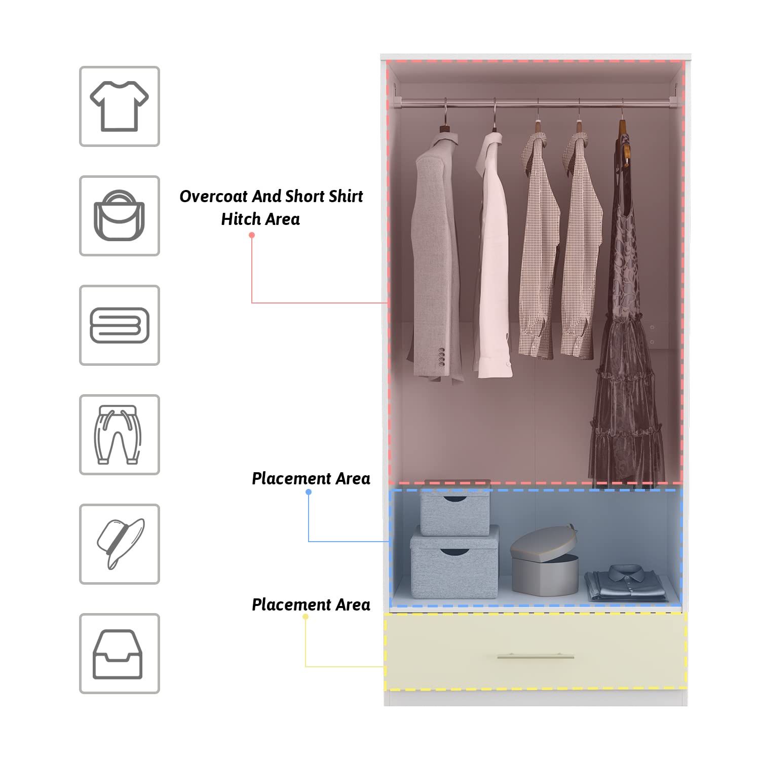 Hitow 2-Door Freestanding Wardrobe Closet with Drawer & Hanging Rod - White Bedroom Armoire Clothes Organizer (31.5
