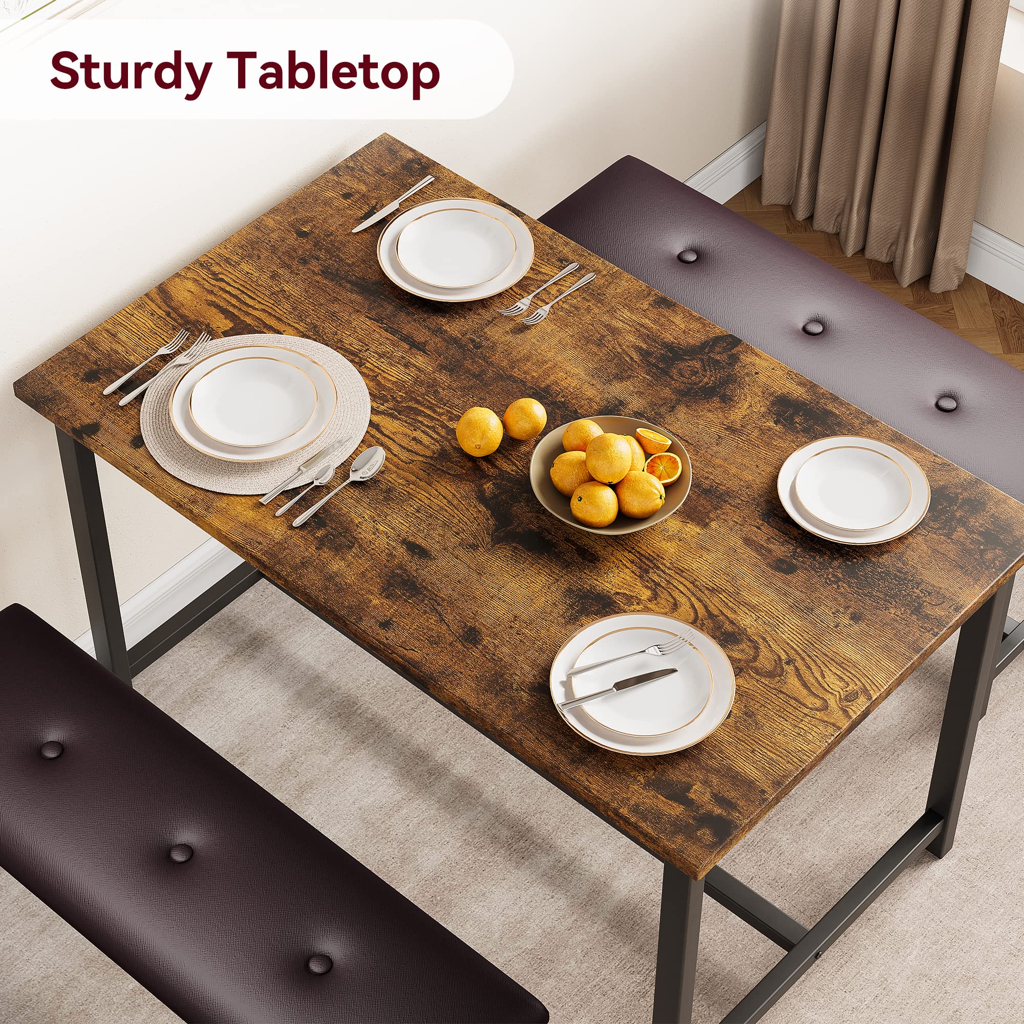 Alkmaar Retro Brown Kitchen Table Set with 2 Upholstered Benches for 4, Metal and Wood Rectangular Dining Table for Small Spaces, Apartments, Perfect for Cozy Breakfasts and Intimate Dinners