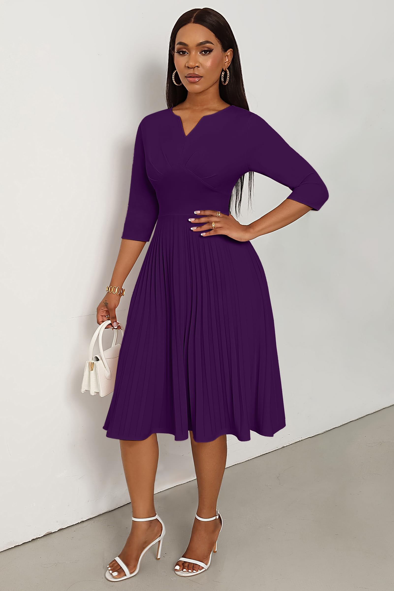 CLOCOR Women's Midi Dress - Casual Wrap Flare Pleated A-Line Dress with 3/4 Sleeves & V-Neck | Perfect for Church, Cocktail Parties, Weddings & Guest Occasions | Elegant Everyday Wear & Special Events