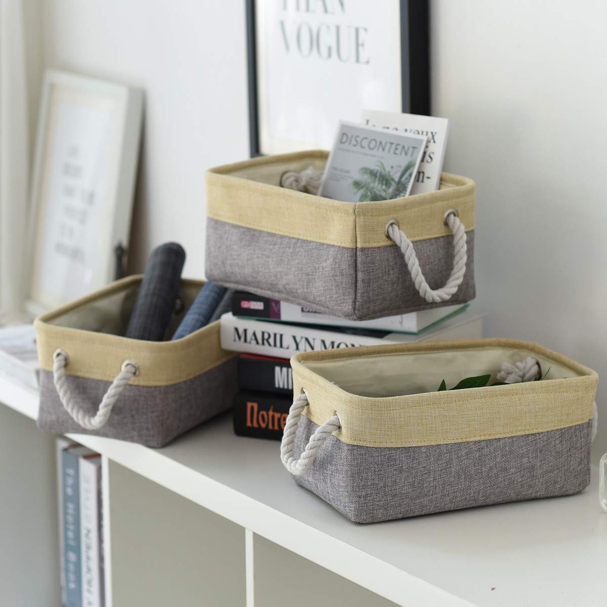TheWarmHome 6-Pack Small Storage Baskets - 11.8x7.8x5.2 Inch Fabric Storage Bins & Organizer Cubes for Shelves, Baby Toys, Nursery (Gold & Grey) | Perfect for Home Organization, Closet, Kids Room & Playroom Storage