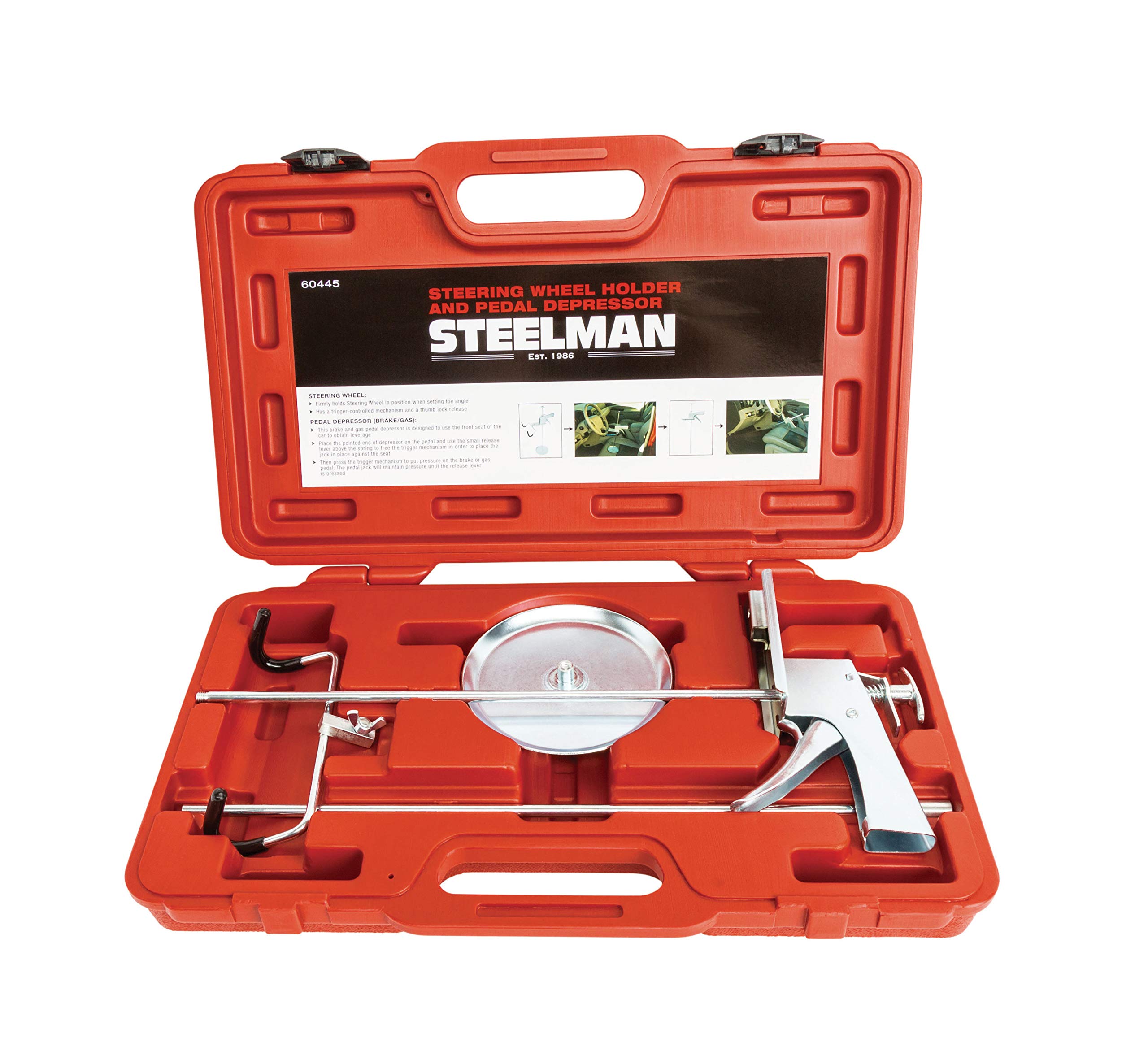Steelman Steering Wheel Holder & Pedal Depressor Tool Kit - Carbon Steel with Protective Coated Hooks for Brake/Tail Light Checks & Wheel Alignment | Perfect for Auto Mechanics & DIY Car Maintenance