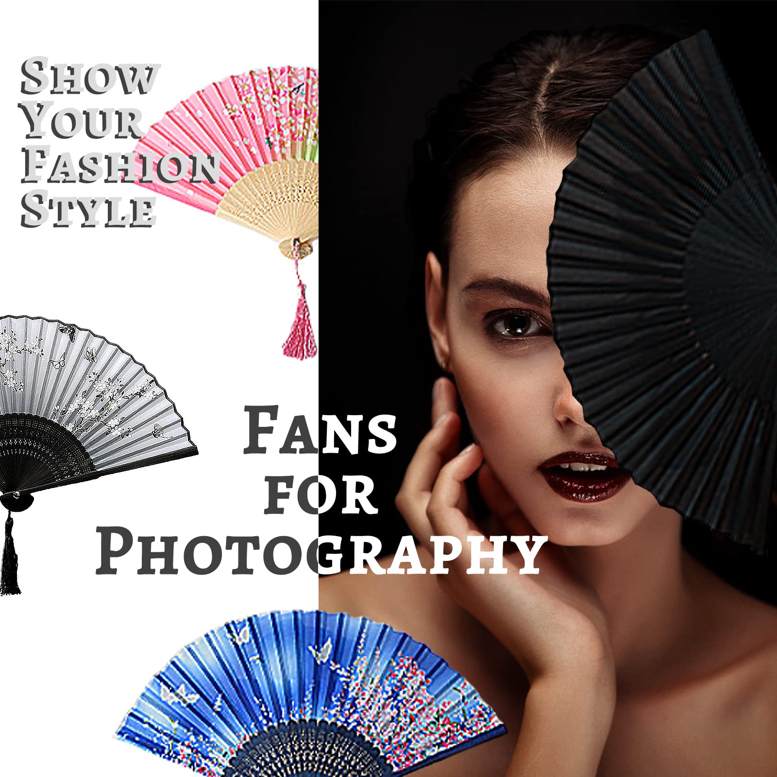 DONJIM Small Portable Folding Hand Fan - Black Silk Traditional Manual Fan for Wedding, Photography, Show, Gift & Home Decoration | Perfect for Summer Cooling, Outdoor Events & Cultural Performances