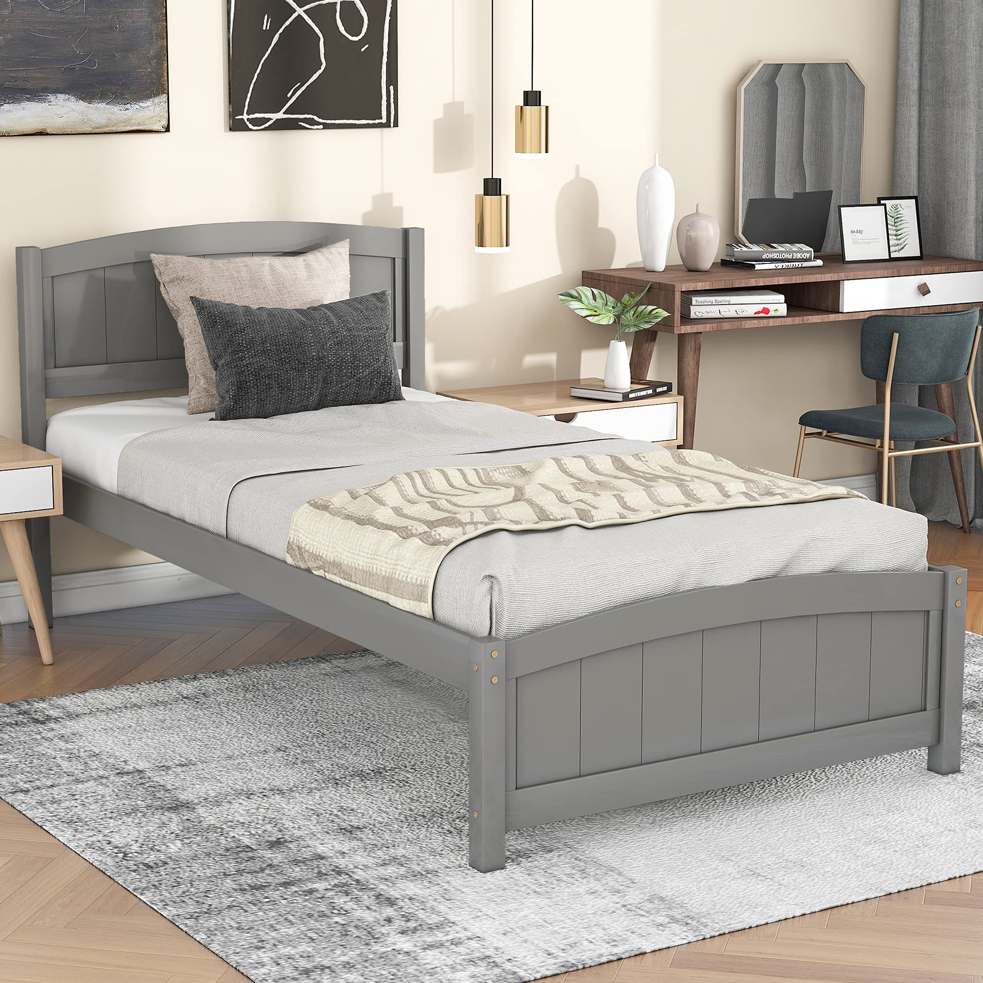 P PURLOVE Twin Size Wood Platform Bed Frame with Headboard & Footboard - Sturdy Slat Support, No Box Spring Needed - Perfect for Small Bedrooms, Guest Rooms & Kids Rooms