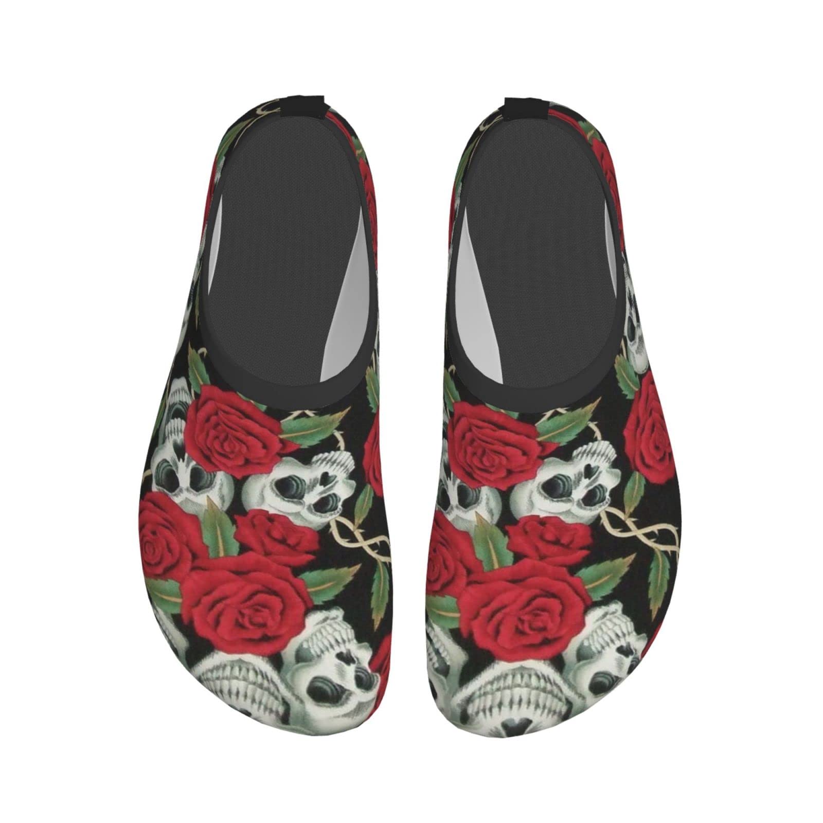 Funny Water Shoes for Women & Men - Barefoot Quick Dry Aqua Socks for Beach, Swim, Surf, Yoga & Exercise - Lightweight Flexible Water Shoes with Red Rose Skull Design - Perfect for Water Sports, Pool Parties & Summer Adventures