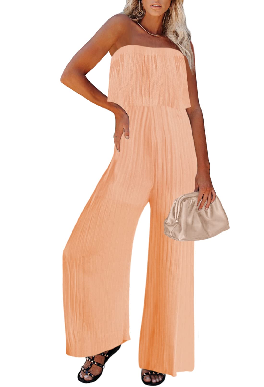 VamJump Women's Sexy Spaghetti Strap Wide Leg Jumpsuit - Sleeveless Elegant Pleated Romper for Casual Wear | Perfect for Summer Outfits, Beach Vacations & Night Out Parties