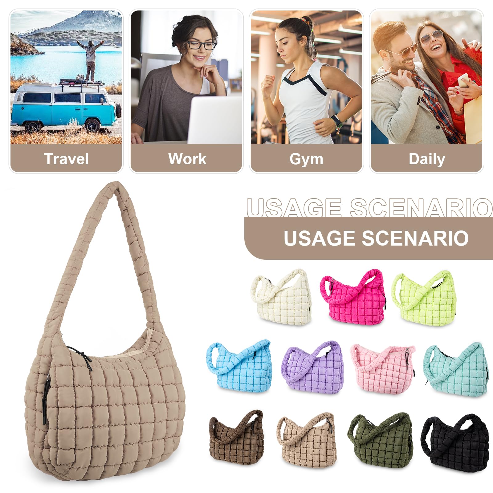Quilted Puffer Tote Bag for Women - Lightweight Nylon Crossbody Shoulder Purse, Stylish Puffy Hobo Carryall Handbag | Perfect for Work, Travel & Daily Use