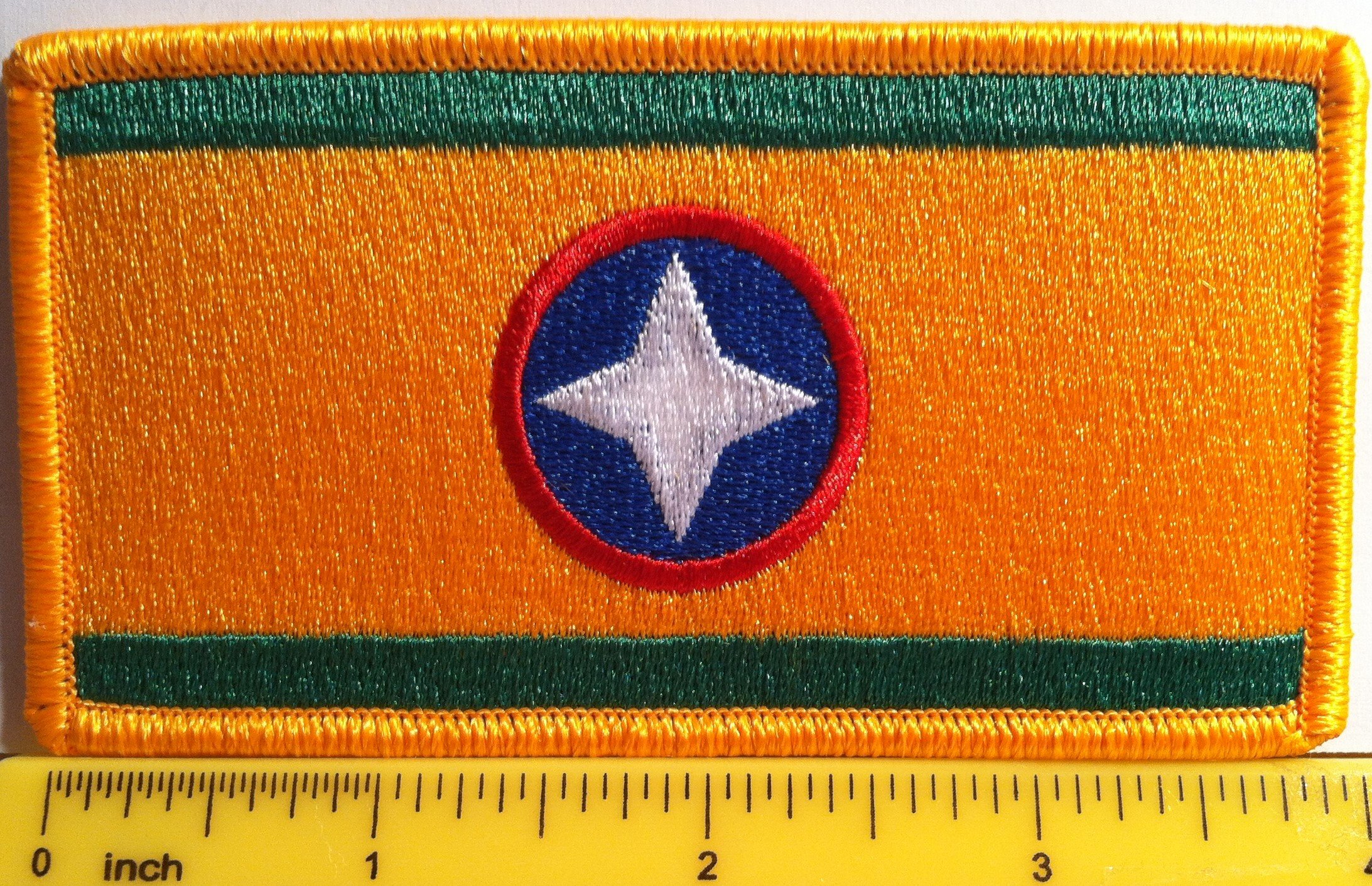 Colombia Bucaramanga Flag Iron-On Patch with Gold Border - Perfect for Backpacks, Jackets & DIY Crafts