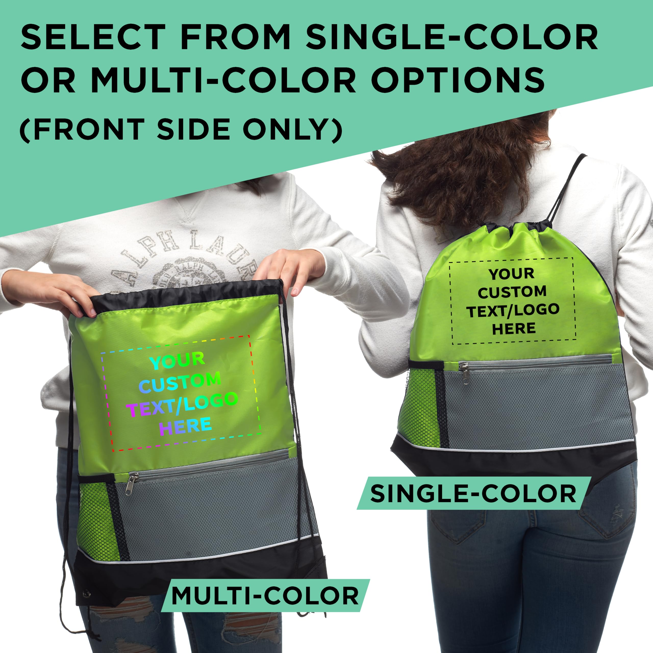 Custom Front Pocket Drawstring Backpacks - Bulk Set of 100 Personalized Reusable Bags | Lightweight Sports & Promotional Backpacks in Lime Green | Perfect for School, Gym, Travel & Events