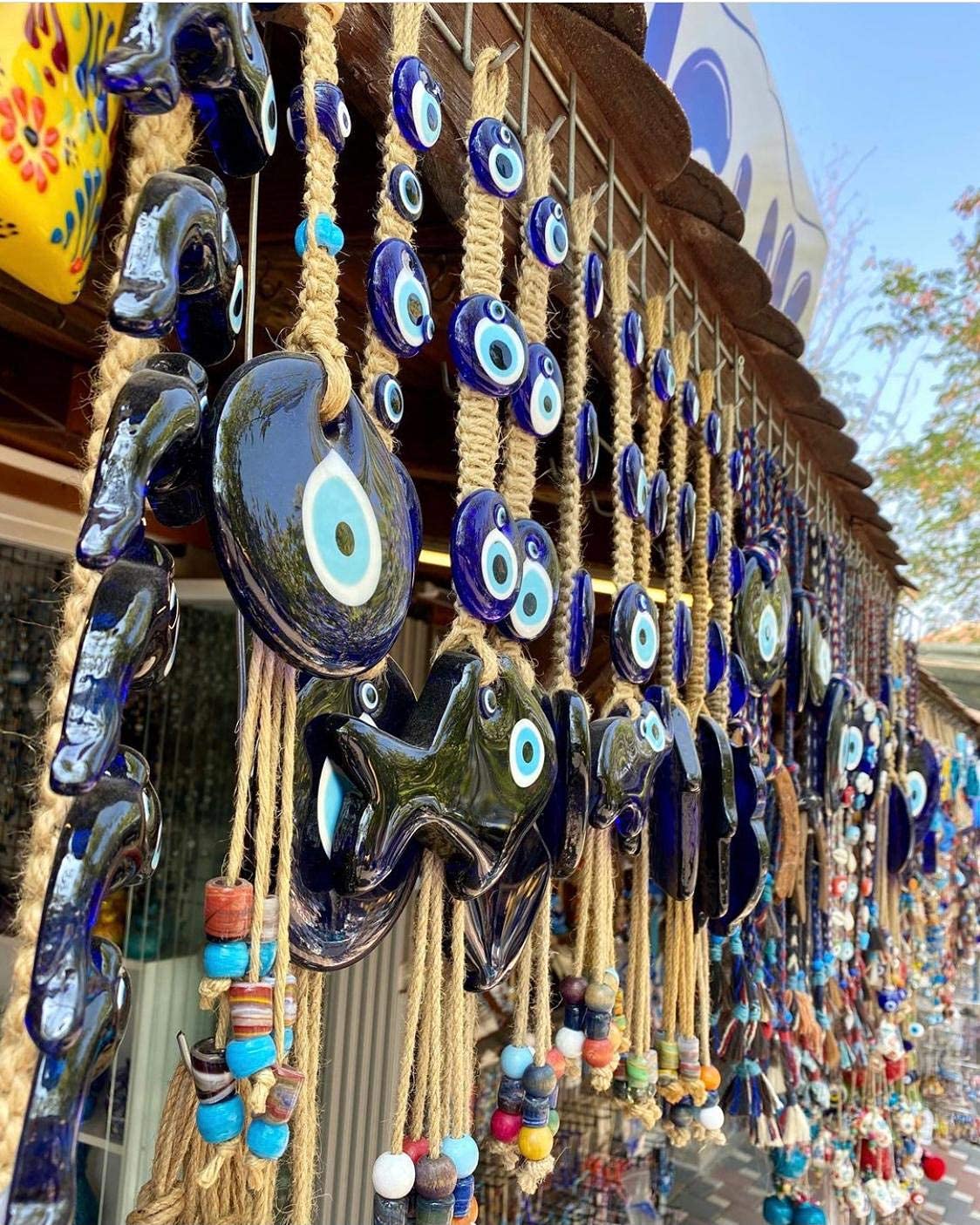 Evil Eye Wall Decor - 5.11 Inch Turquoise & Gold Frame Hanging Home Protection Ornament for Living Room, Bedroom & Office | Nevfactory Handmade Spiritual Decor